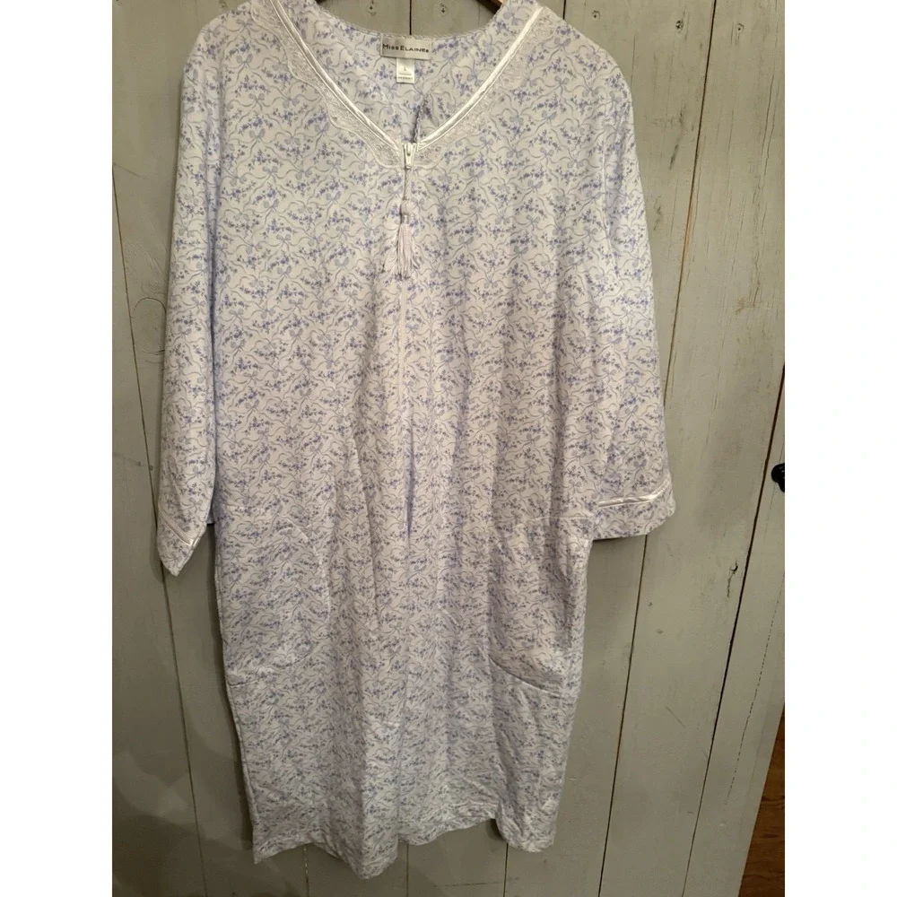 Miss Elaine Lg Full Zip Front Robe Housecoat Super Soft Floral Baby Blue Pockets